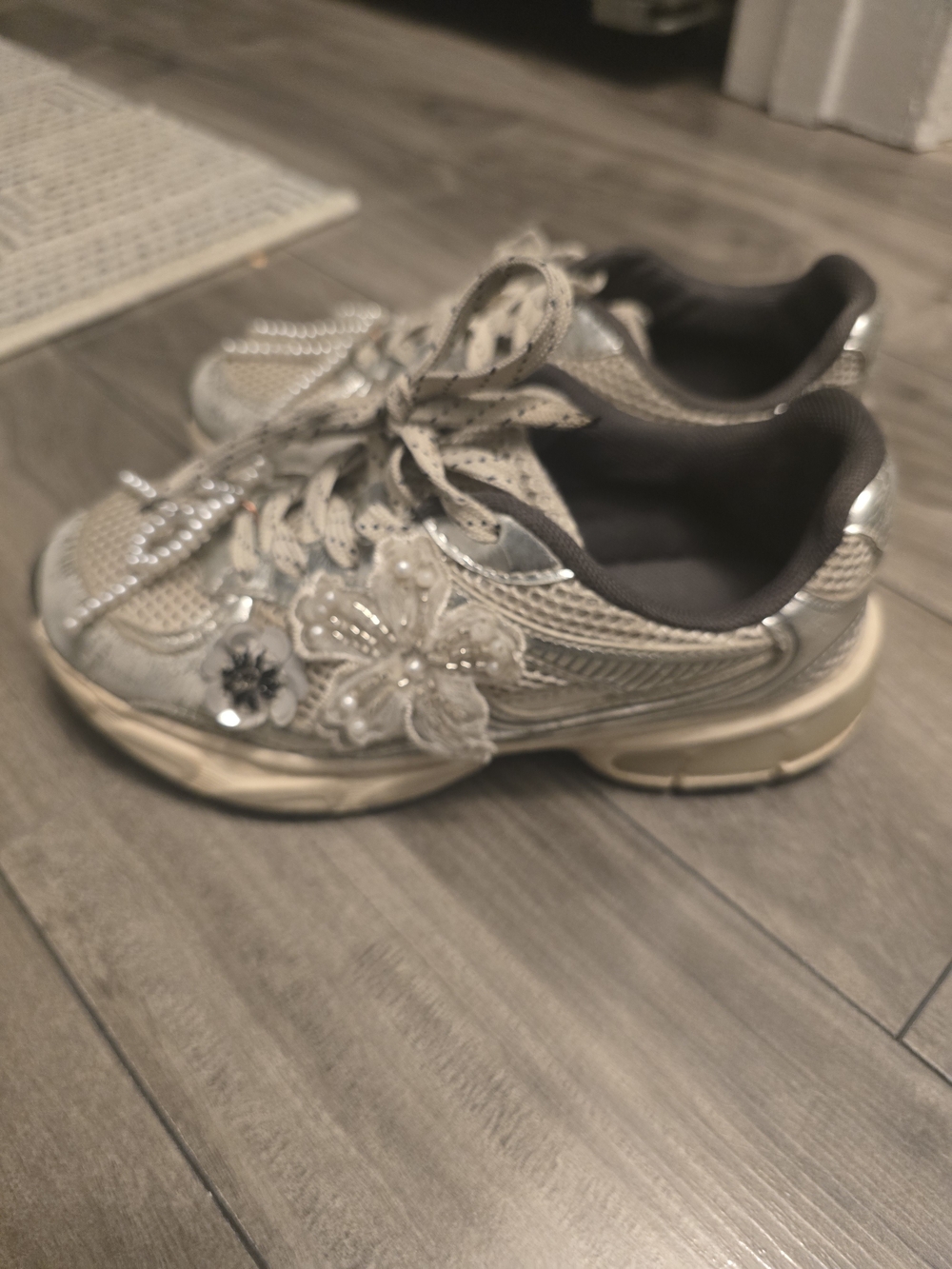 Women's Silver Floral Embellished Athletic Sneakers